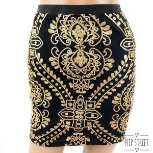 INTERI Gold Mini Sequin Medallion Pattern Stretch Mini Skirt L